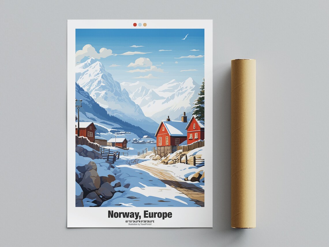 Norway Europe Snowy Mountain Valley Red Wooden Houses Travel Poster
