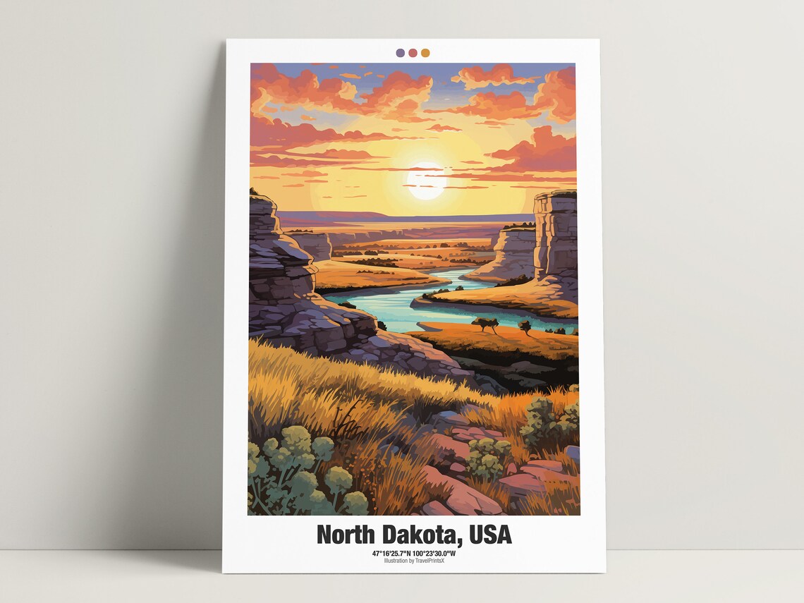 North Dakota Sunset Badlands Canyon Bison Nature Travel Poster - Image 3