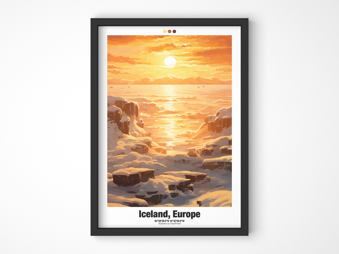 Iceland Europe Golden Winter Coast Sunset Frozen Sea Travel Poster