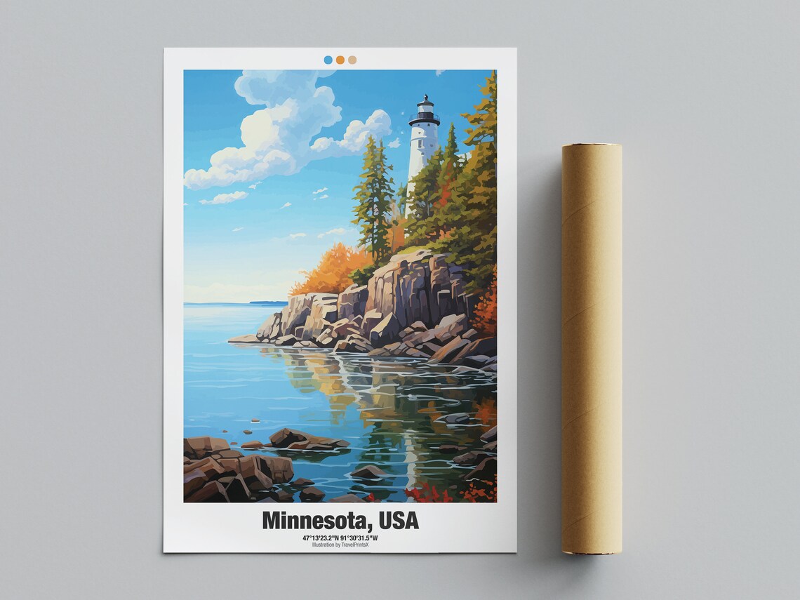 Minnesota USA Travel Poster Lighthouse Rocky Shore Autumn Forest Art - Image 4