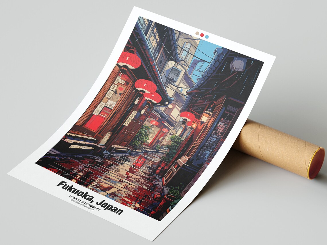 Fukuoka Japan Rainy Night Old Alley Glowing Red Lanterns Street Poster - Image 2