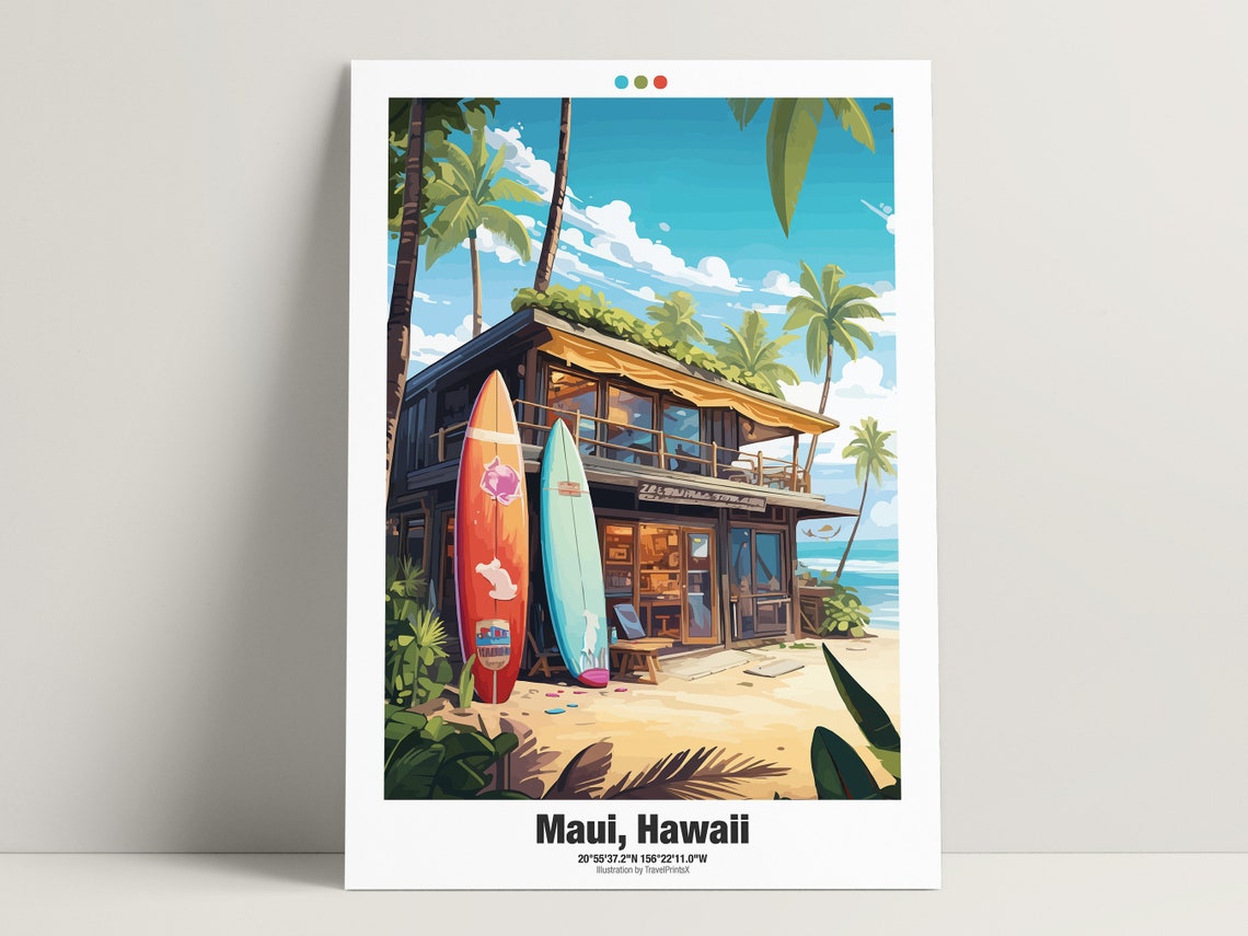 Maui Hawaii Colorful Surf Shack Beach Tropical Travel Poster - Image 4