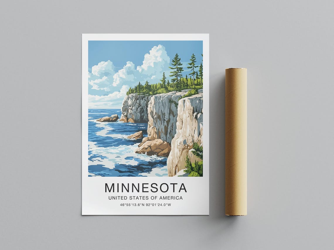Minnesota USA Travel Poster Rocky Lake Cliffs Pine Forest Waves Art - Image 2