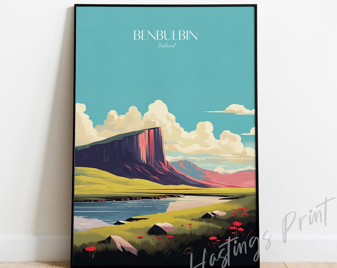 Benbulbin Ireland Mountain Vintage Travel Poster with Teal Sky