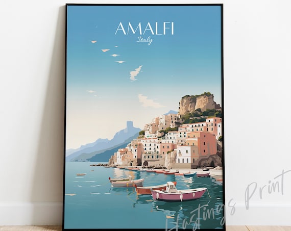 Amalfi Italy Vintage Travel Poster Coastal Town Boats Harbor