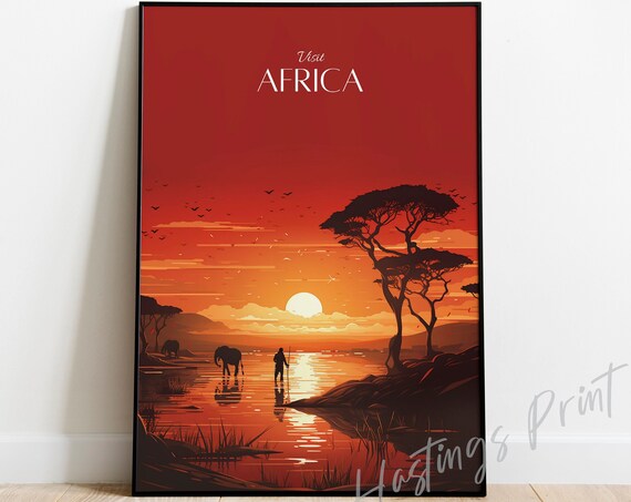 Visit Africa Sunset Elephants Acacia Savanna Vintage Travel Poster