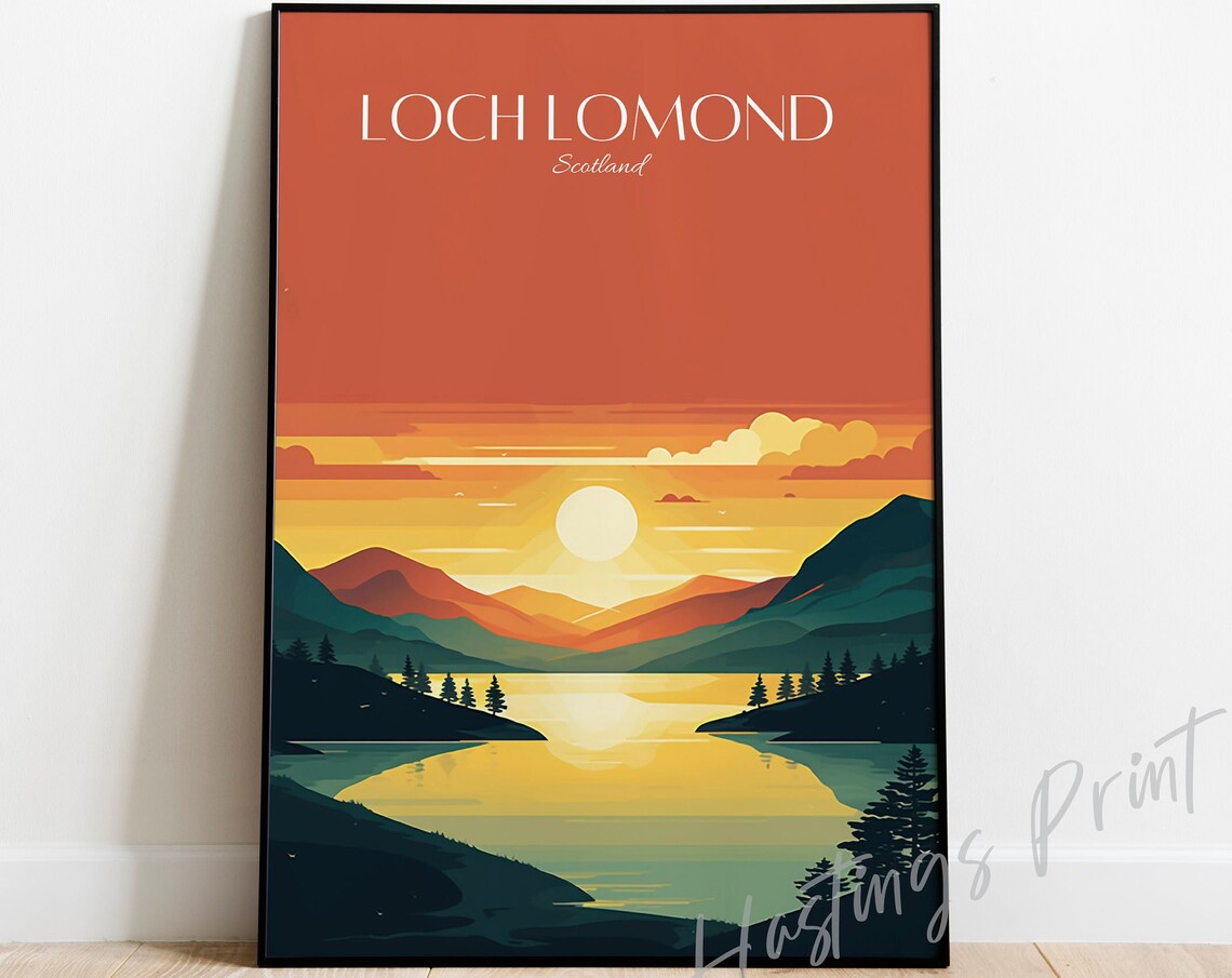 Loch Lomond Scotland Sunset Mountains Lake Vintage Travel Poster