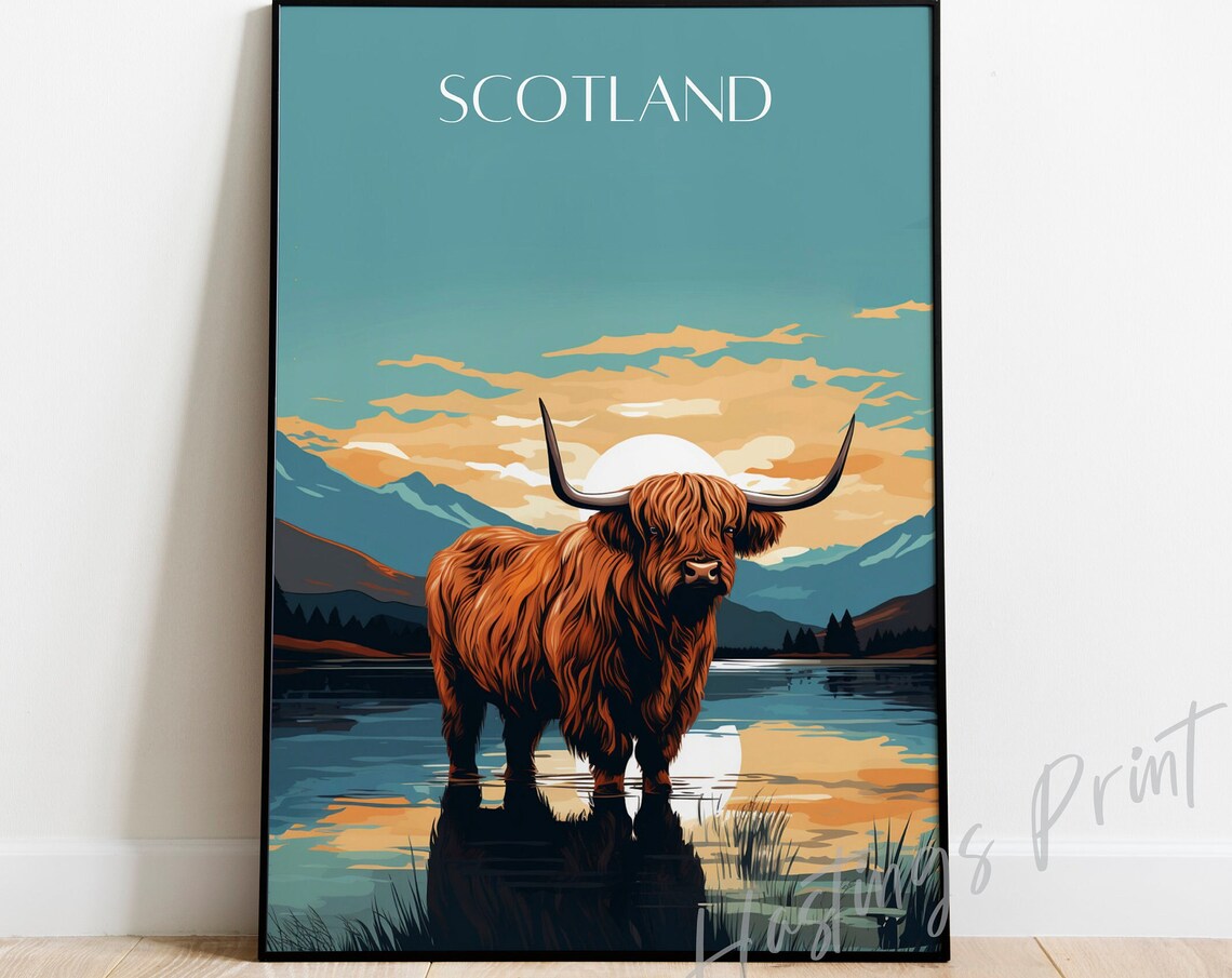 Scotland Highland Cow At Sunset Lake Retro Vintage Travel Poster