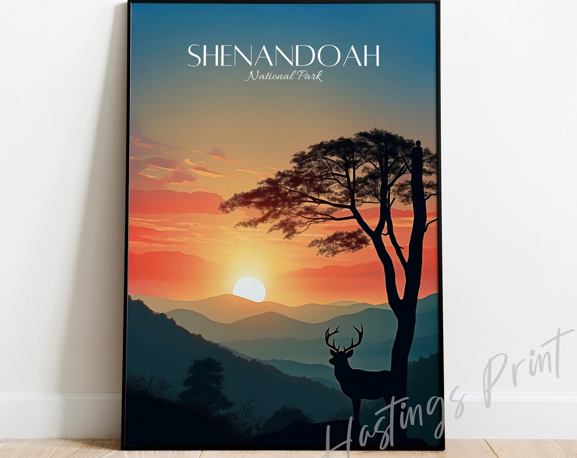 Shenandoah National Park Deer Silhouette Blazing Sunset Art Poster