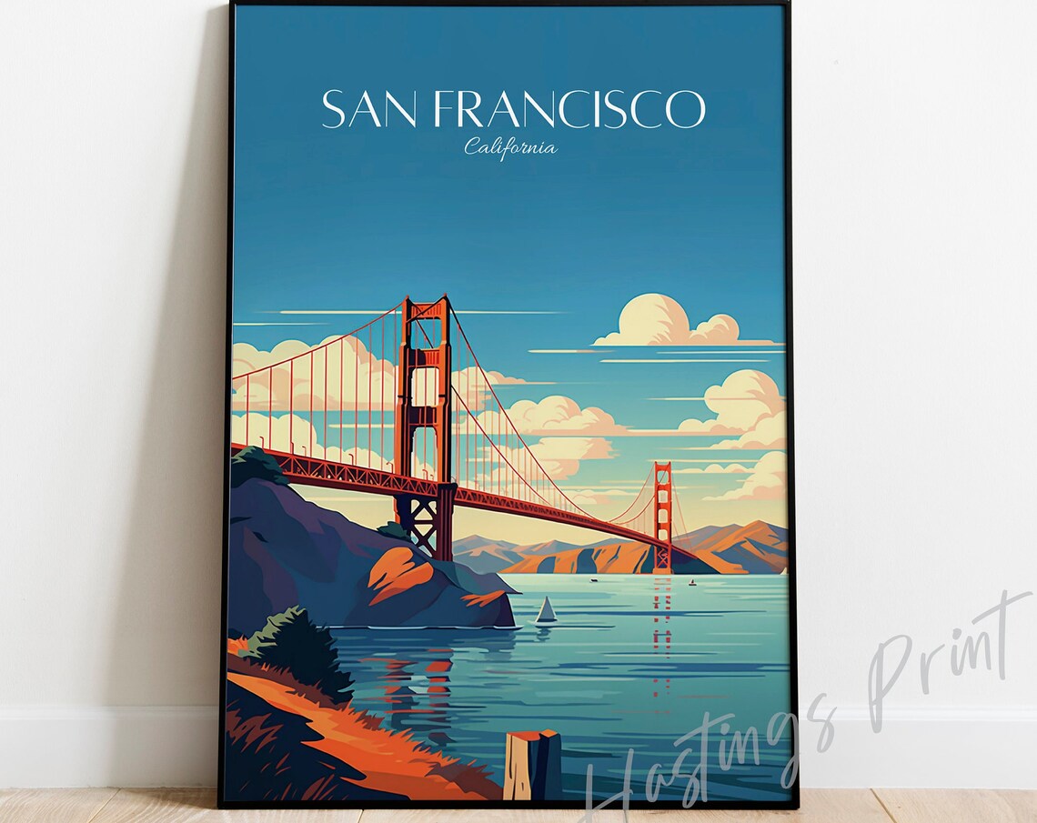 San Francisco California Travel Poster Golden Gate Bridge Vintage Art