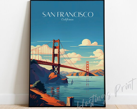 San Francisco California Travel Poster Golden Gate Bridge Vintage Art