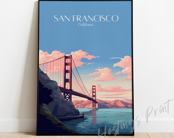 San Francisco California Travel Poster Golden Gate Bridge Sunset Sky