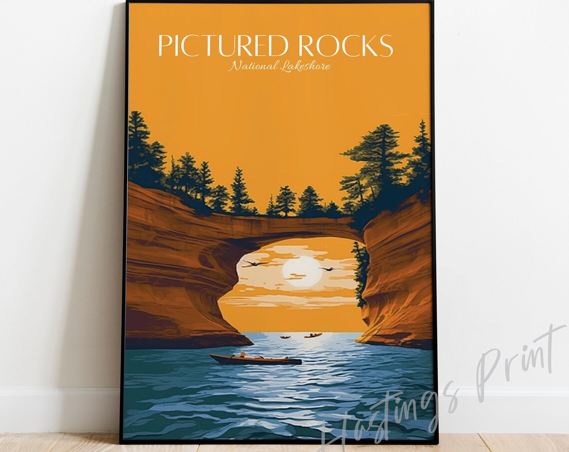 Pictured Rocks National Lakeshore Kayak Arch Sunset Travel Poster