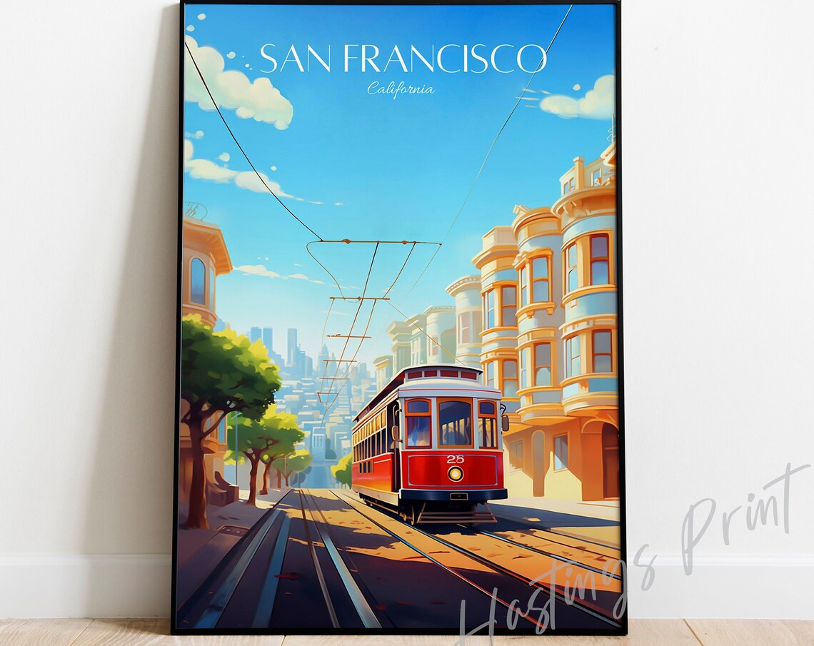 San Francisco Cable Car Victorian Street Vintage Travel Poster