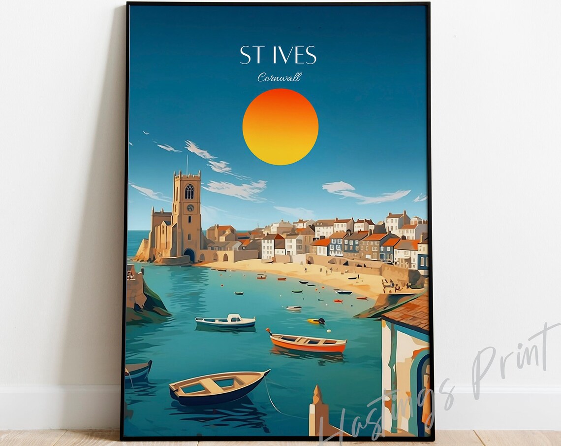 St Ives Cornwall Harbor Vintage Travel Poster with Fishing Boats