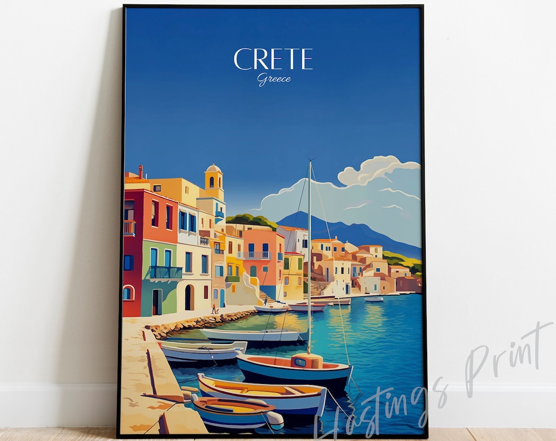 Crete Greece Travel Poster Pastel Harbor Sailboats Blue Sky Art Illustration