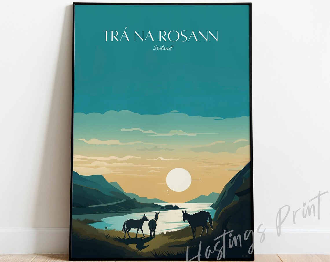 Tra Na Rosann Ireland Beach Sunset Deer Vintage Travel Poster