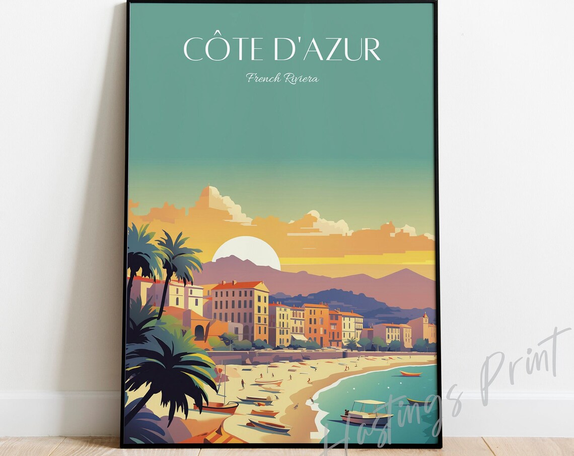 Côte d'Azur French Riviera Travel Poster Beach Sunset Retro Art Illustration