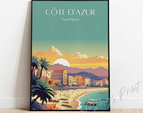 Côte d'Azur French Riviera Travel Poster Beach Sunset Retro Art Illustration