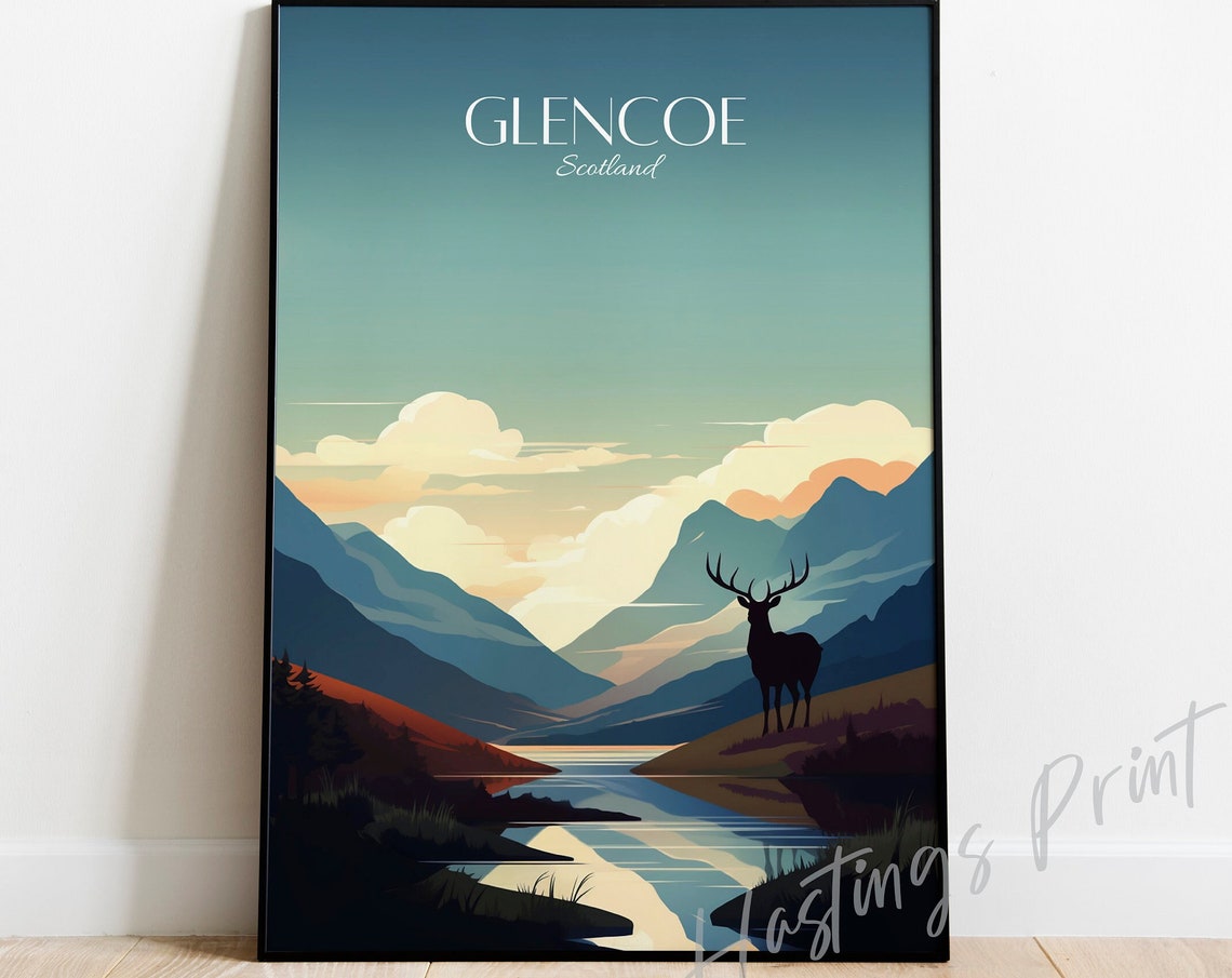 Glencoe Scotland Highland Stag Mountain Lake Sunrise Travel Poster