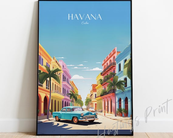 Havana Cuba Colorful Street Classic Car Palm Trees Travel Poster