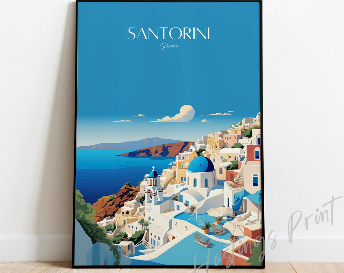 Santorini Greece Blue Domes White Village Caldera Travel Art Poster