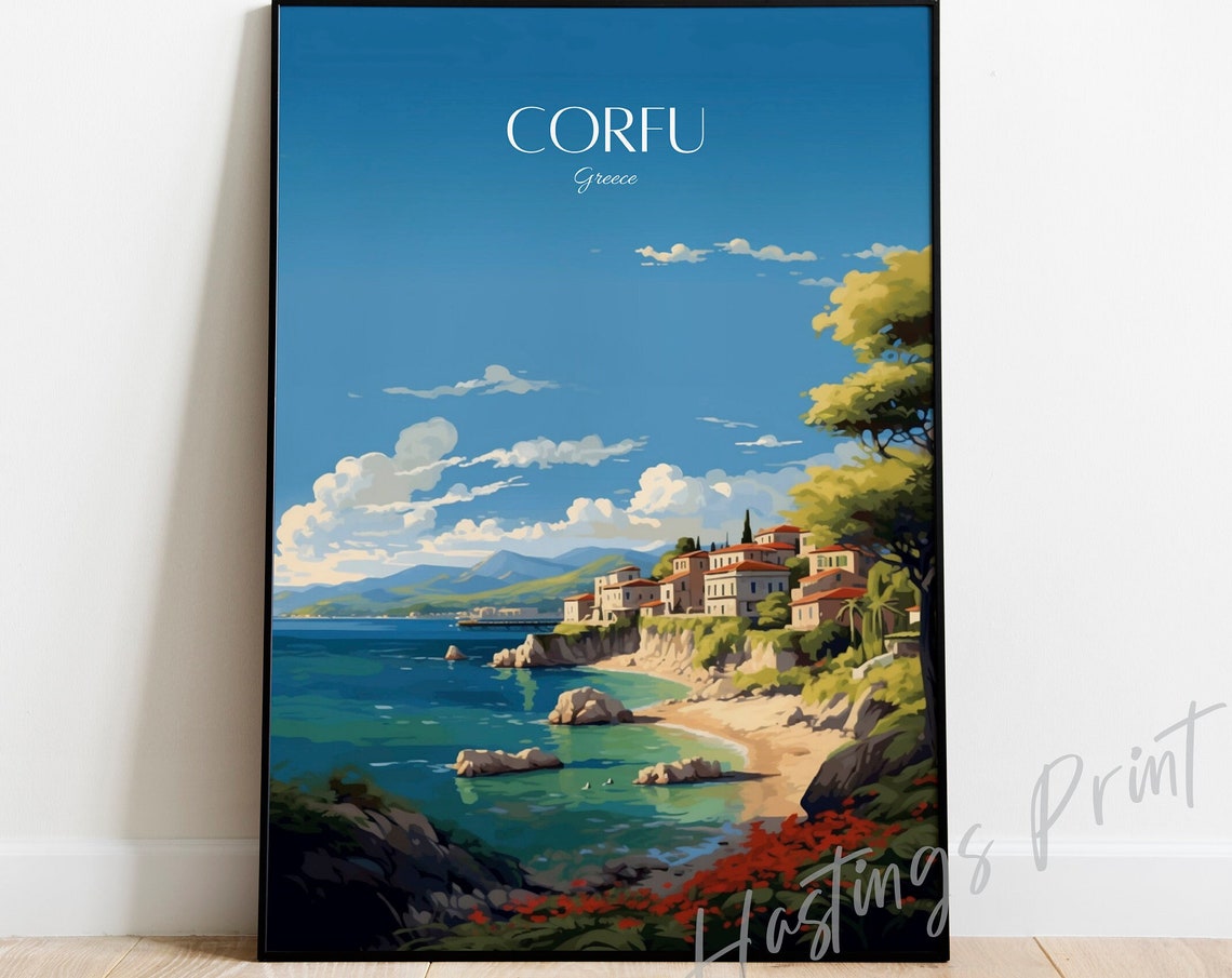 Corfu Greece Travel Poster Seaside Village Retro Art Illustration