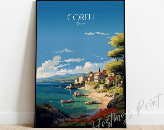 Corfu Greece Travel Poster Seaside Village Retro Art Illustration