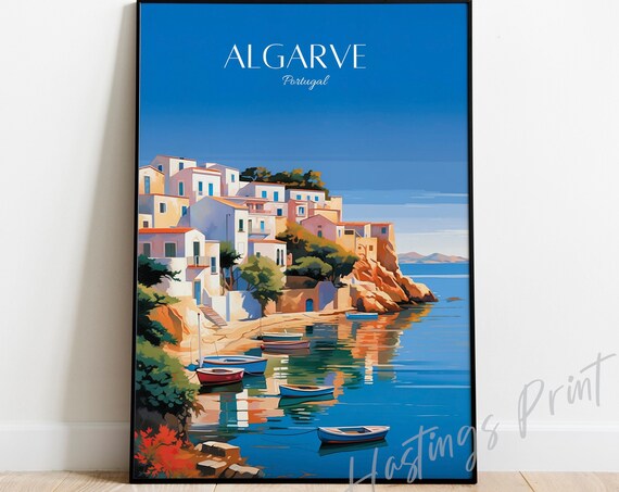 Algarve Portugal Vintage Style White Coastal Town Travel Poster