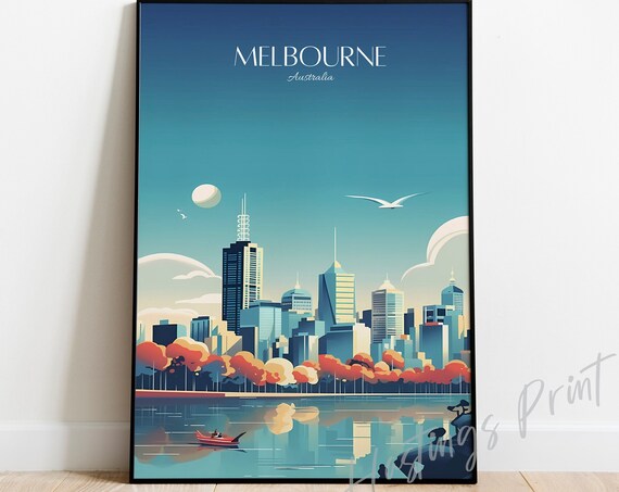 Melbourne Australia Travel Poster Modern Vintage City Skyline Art Print