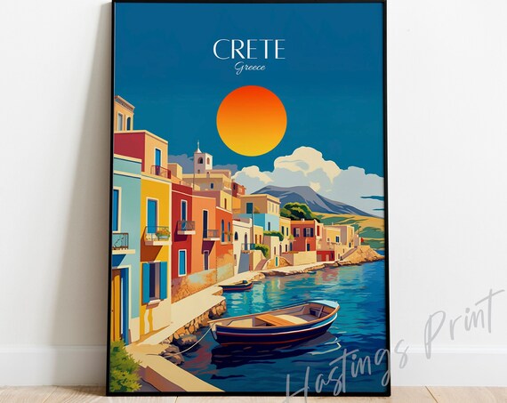 Crete Greece Travel Poster Colorful Harbor Boat Sunset Art Illustration