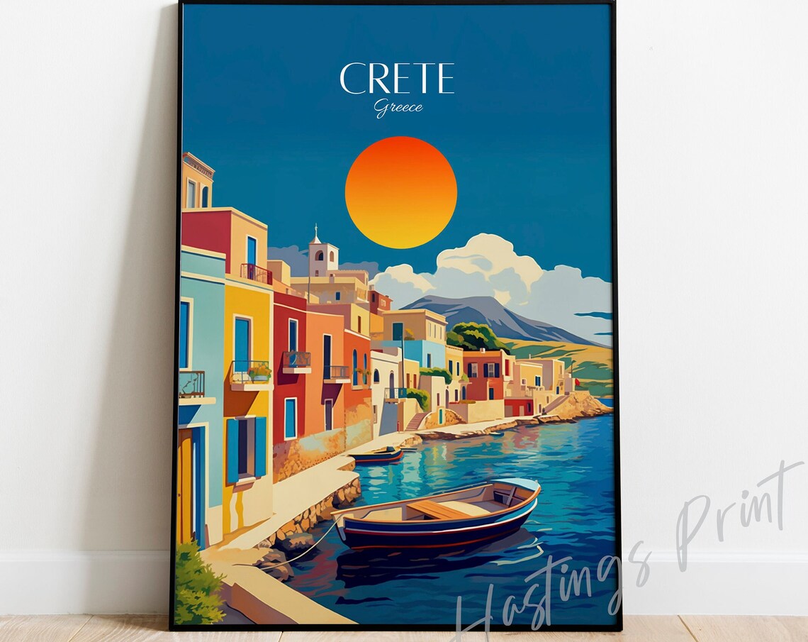 Crete Greece Travel Poster Colorful Harbor Boat Sunset Art Illustration
