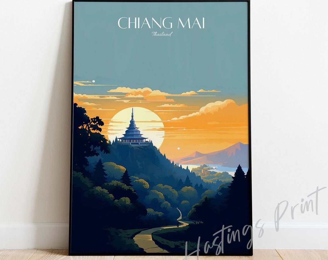Chiang Mai Thailand Temple Sunset Mountain Vintage Travel Poster Art