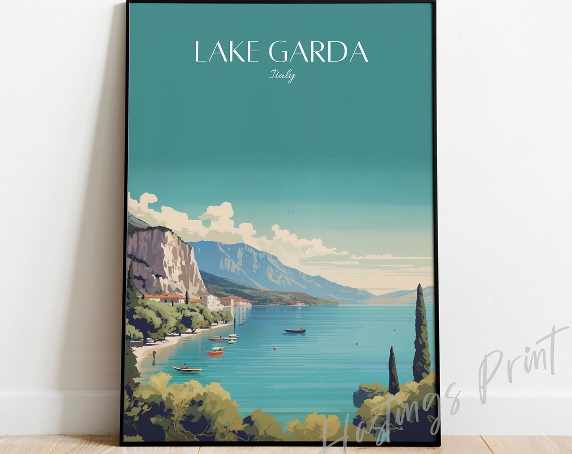 Lake Garda Italy Teal Lakeside Boats Mountain Vintage Travel Poster