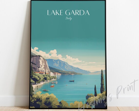 Lake Garda Italy Teal Lakeside Boats Mountain Vintage Travel Poster