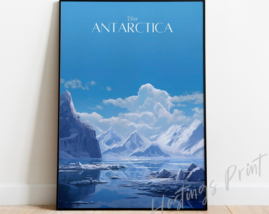 Visit Antarctica Icy Blue Mountains Vintage Polar Travel Poster