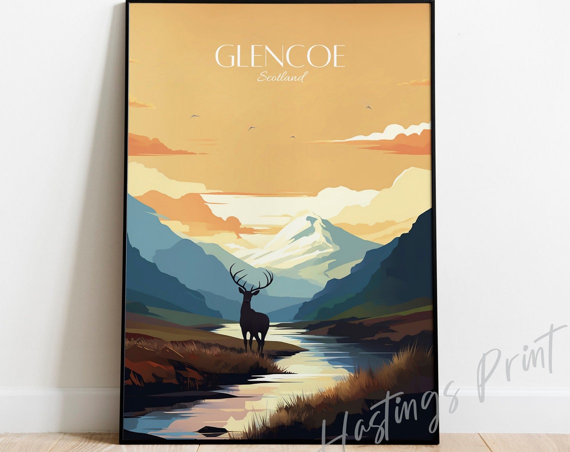 Glencoe Scotland Highland Mountain Sunset Stag Travel Poster