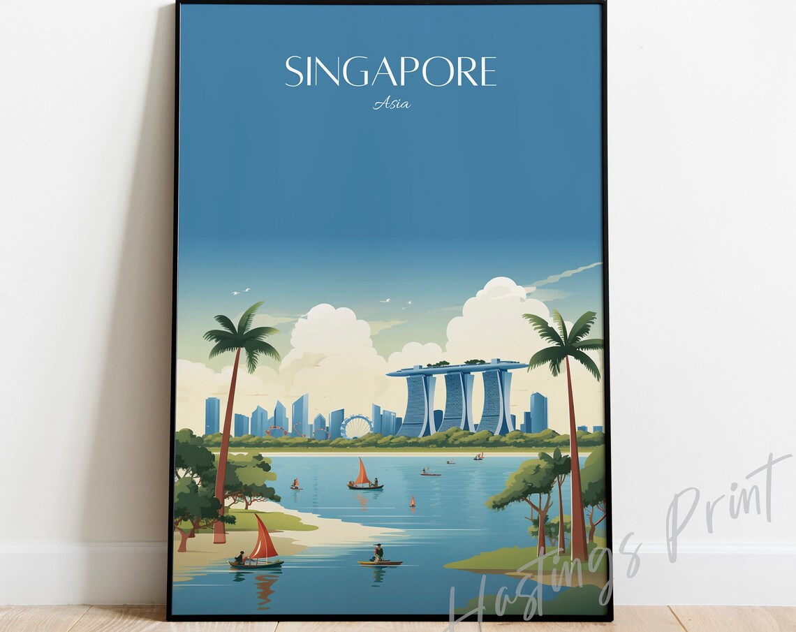 Singapore Asia Marina Bay Sands Skyline Vintage Travel Poster Art