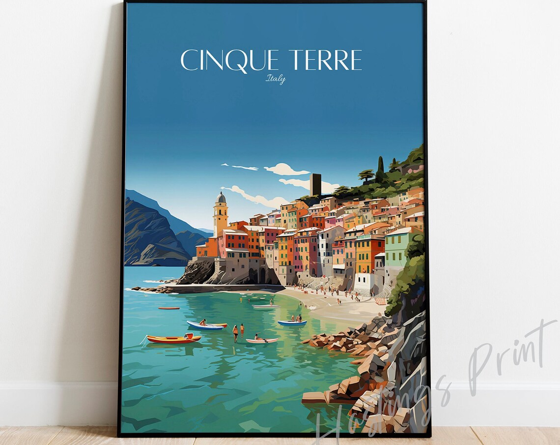 Cinque Terre Italy Colorful Village Kayaks Turquoise Travel Poster