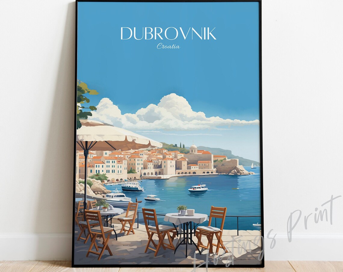 Dubrovnik Croatia Vintage Travel Poster Harbor Terrace Seaside View