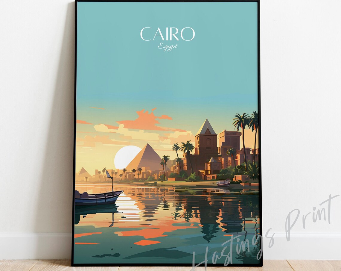 Cairo Egypt Pyramids Nile Felucca Sunset Vintage Travel Poster Art