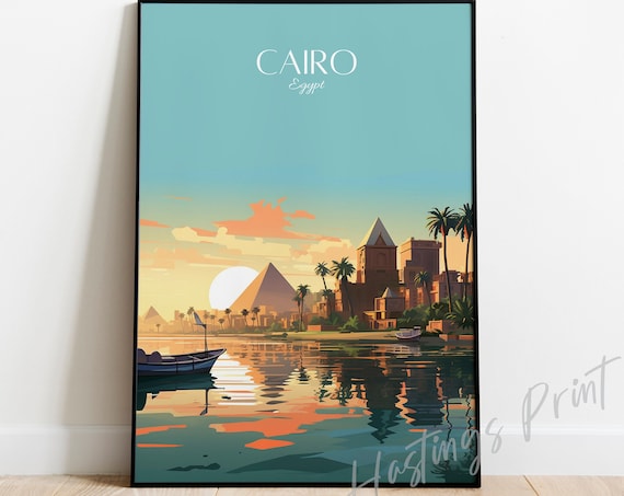Cairo Egypt Pyramids Nile Felucca Sunset Vintage Travel Poster Art