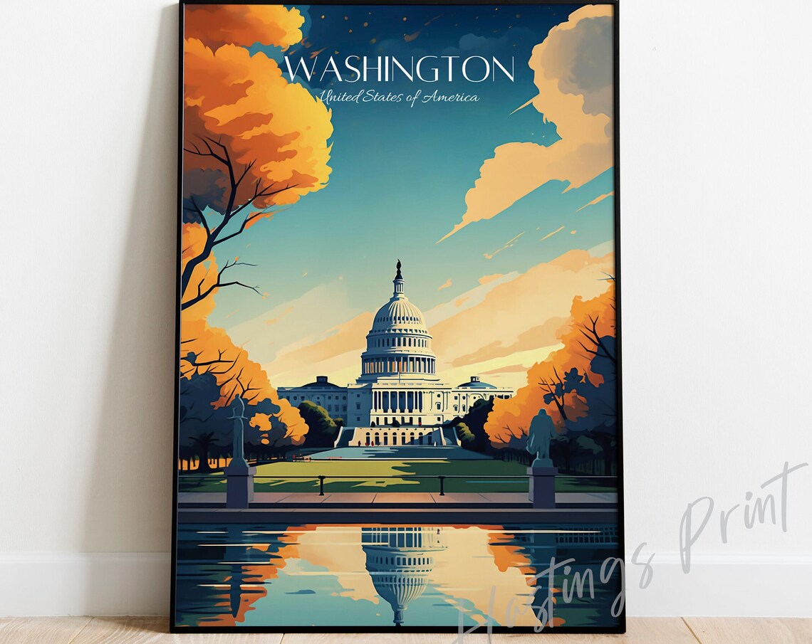 Washington DC Capitol Autumn Reflection United States Travel Poster