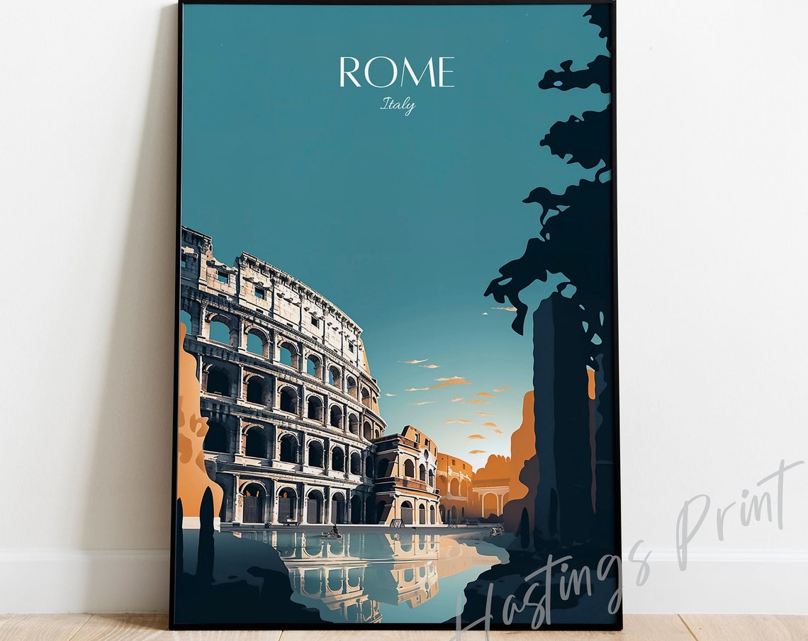 Rome Italy Colosseum Dusk Teal Landmark Vintage Travel Poster