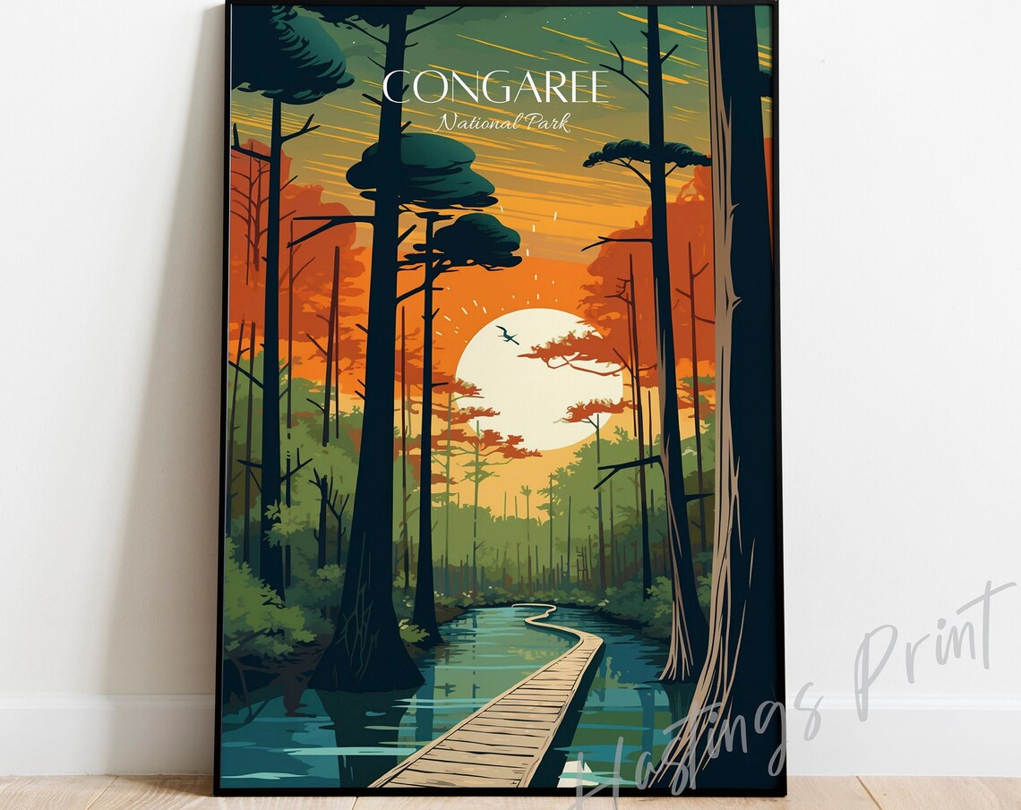 Congaree National Park Sunset Boardwalk Vintage Swamp Travel Poster