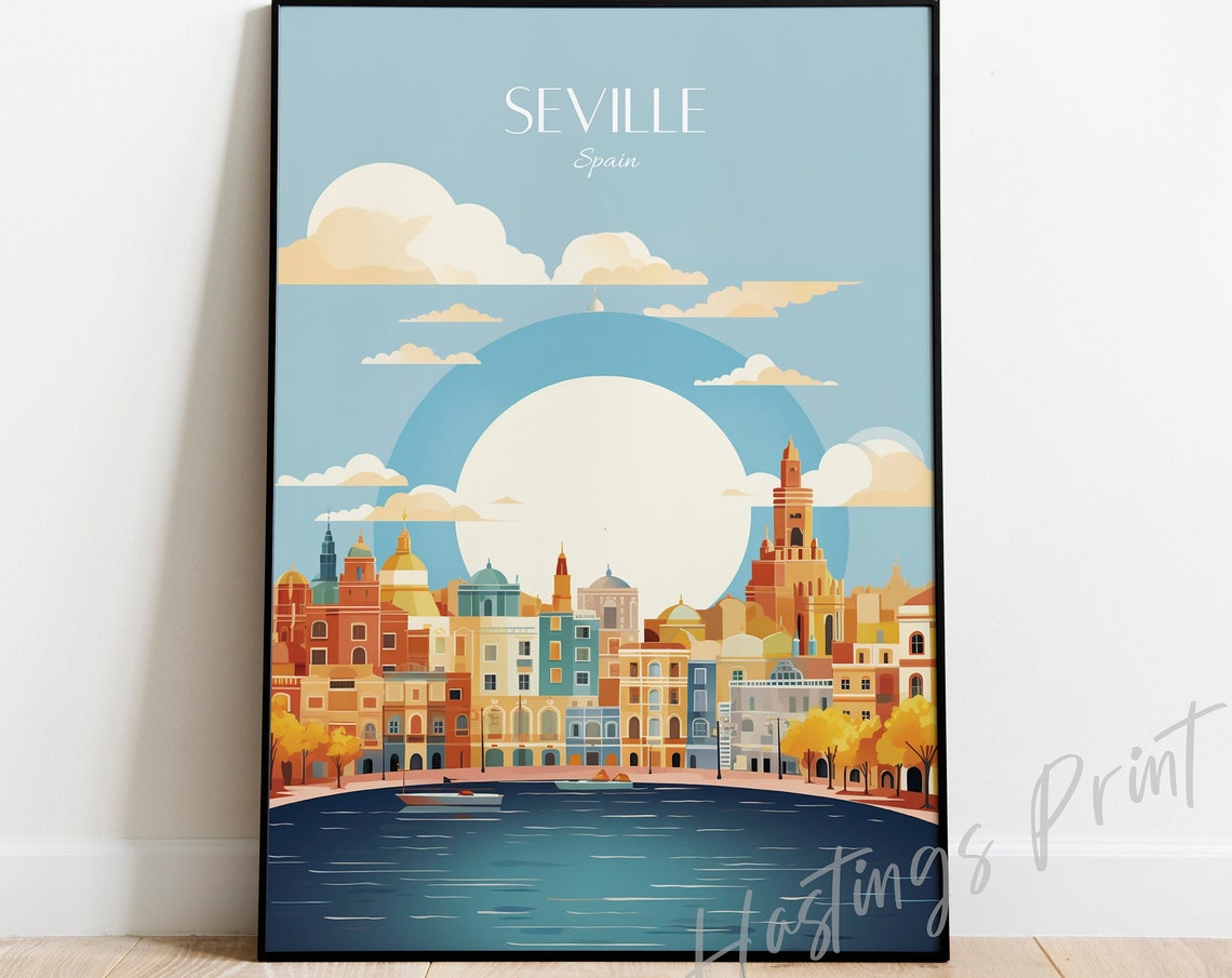 Seville Spain Travel Skyline Sunset Cityscape Vintage Poster