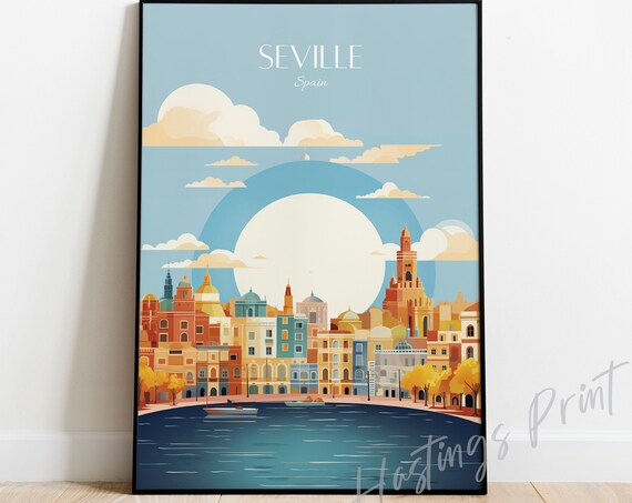 Seville Spain Travel Skyline Sunset Cityscape Vintage Poster