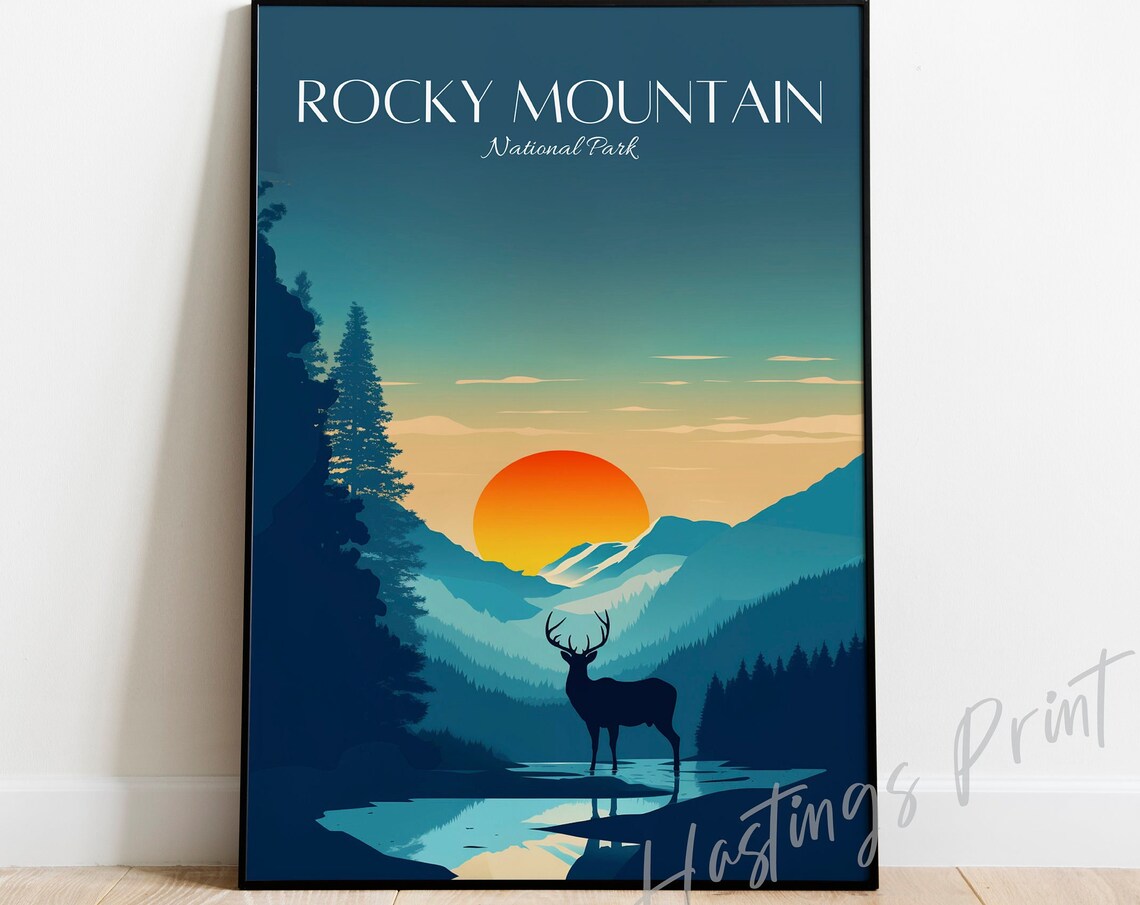 Rocky Mountain National Park Elk Sunset Vintage Travel Poster
