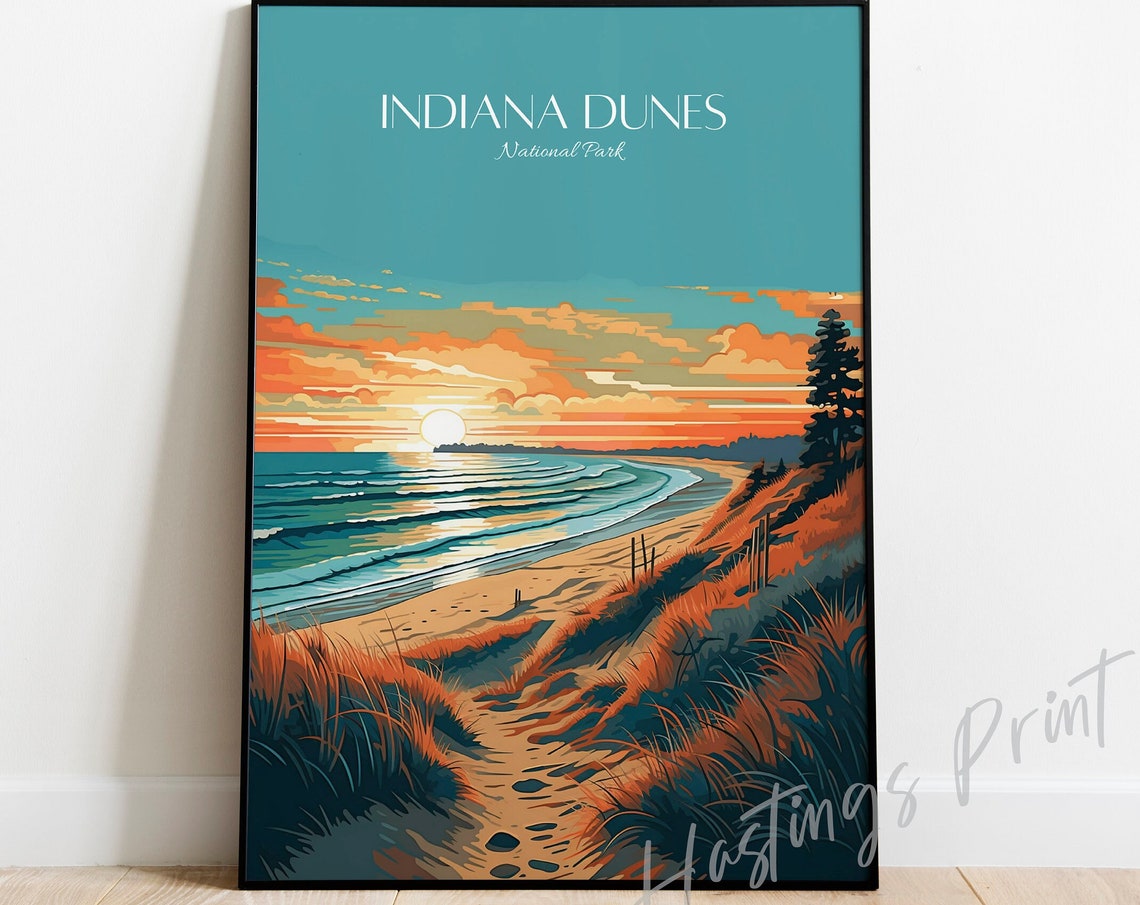 Indiana Dunes National Park Sunset Beach Vintage Travel Poster