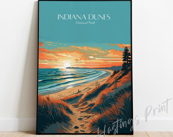 Indiana Dunes National Park Sunset Beach Vintage Travel Poster